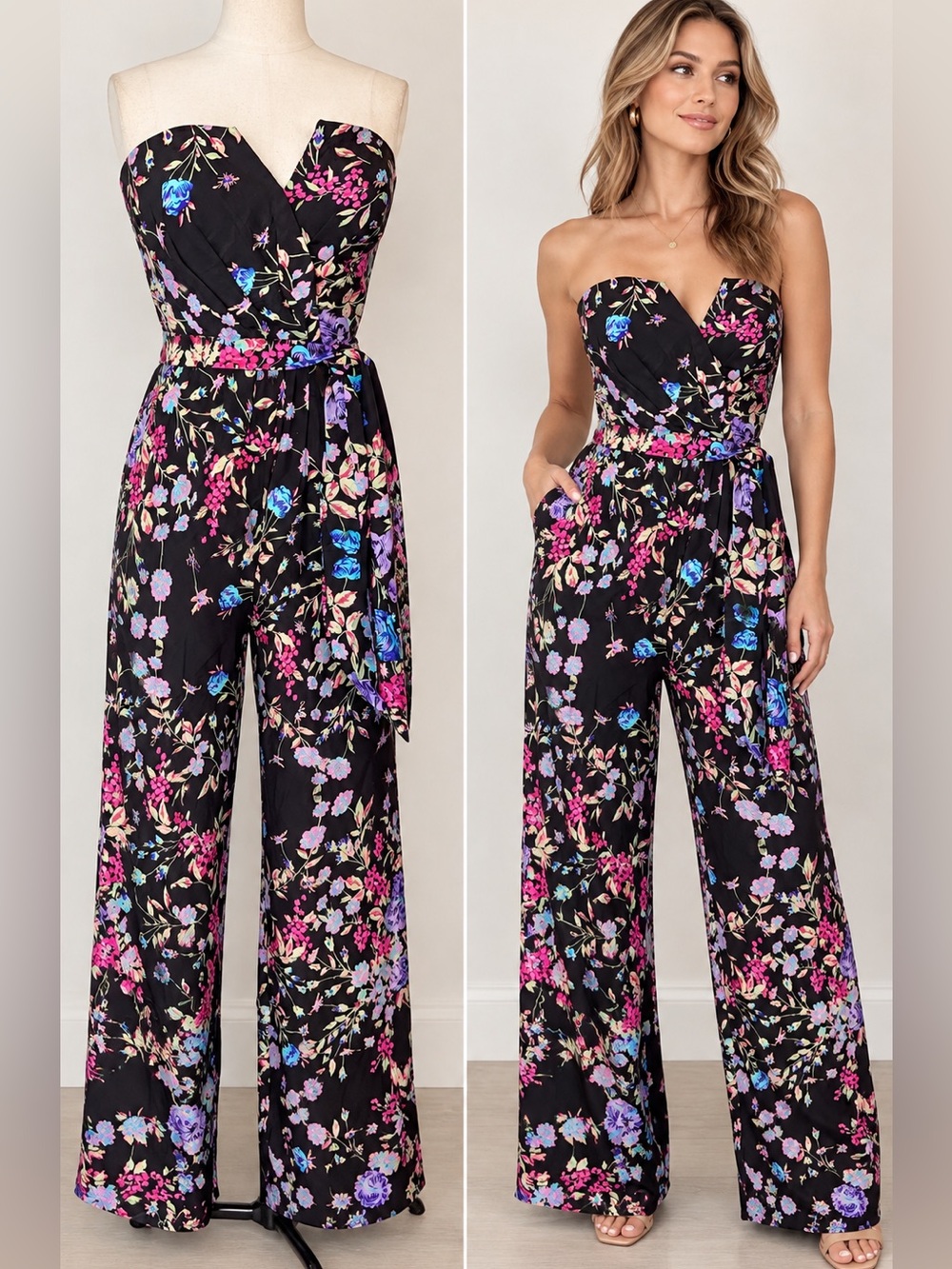 Yumi Kim 100% Silk Floral Strapless Wide Leg Jumpsuit Black Size Medium